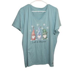 Life Is Good T-Shirt Women's Small Blue V-Neck Let It Snow Short Sleeve Gnome